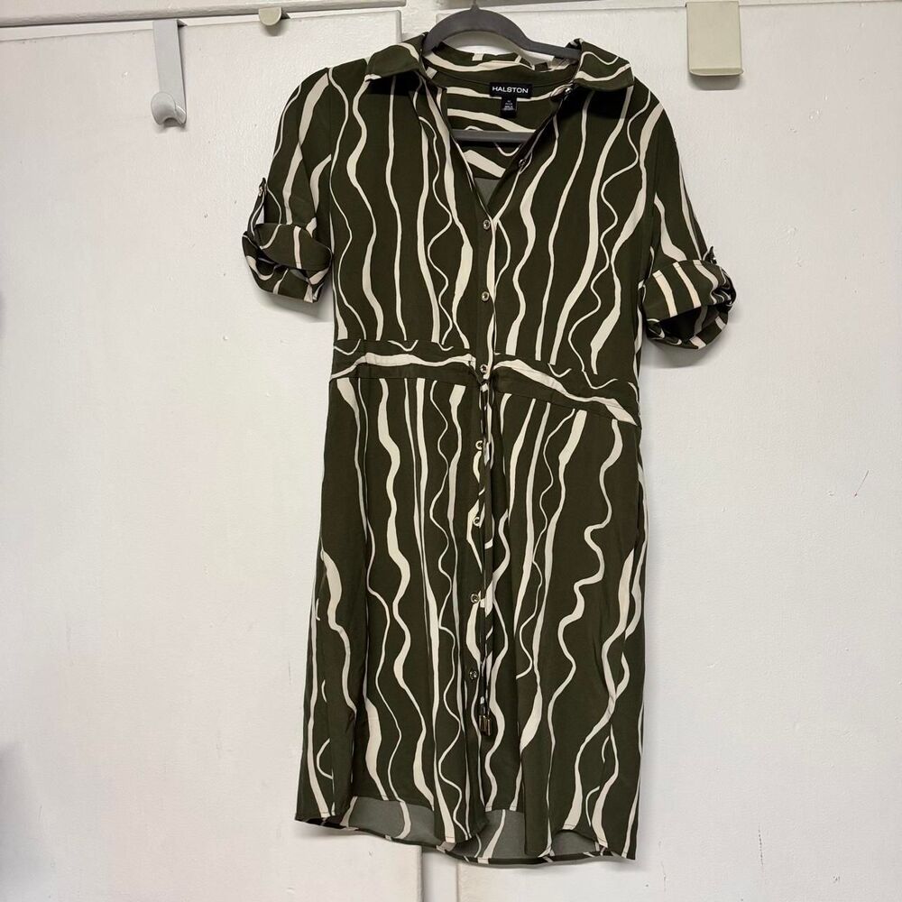 Halston green and white wavy striped button-up dress